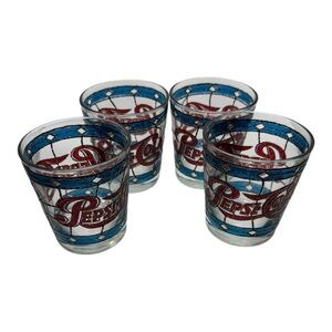Vintage 4x Pepsi-Cola Stained Glass Style Drinking Glass Tumblers 3 3/4 In.